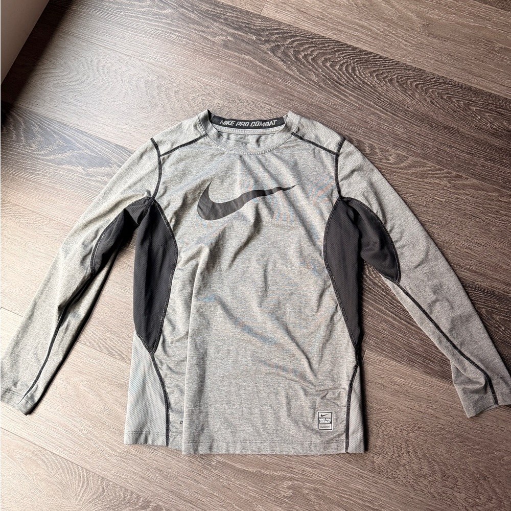 Nike Grey and Black Pro Combat Long Sleeve Dri-FIT Top
